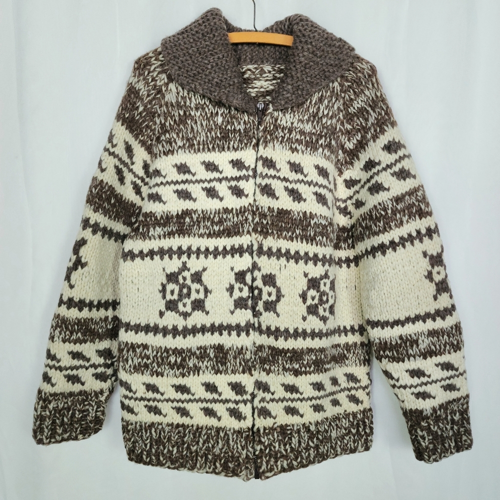 Vtg Cowichan sweater jacket Men's L handknit wool zip front Women's XL